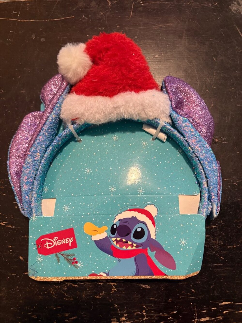 Disney Stitch Christmas Holiday Headband Santa Hat Glittery Ears Hair Accessory
